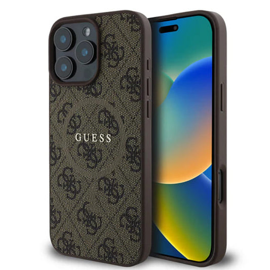 Funda MagSafe para Apple iPhone 16 Pro Max, Guess, 4G Ring Classic Logo, Marrón