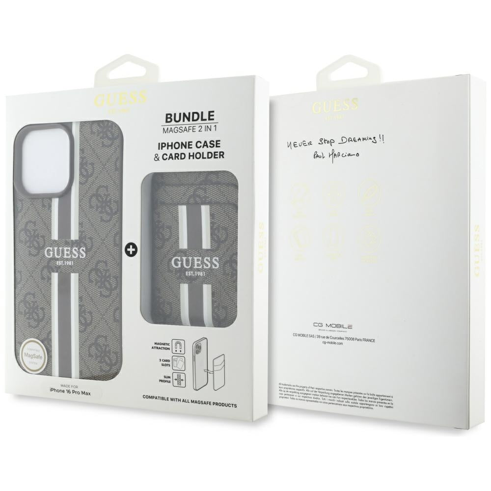 Funda MagSafe para Apple iPhone 16 Pro Max, Guess, Cardslot 4G Stripes, Marrón.