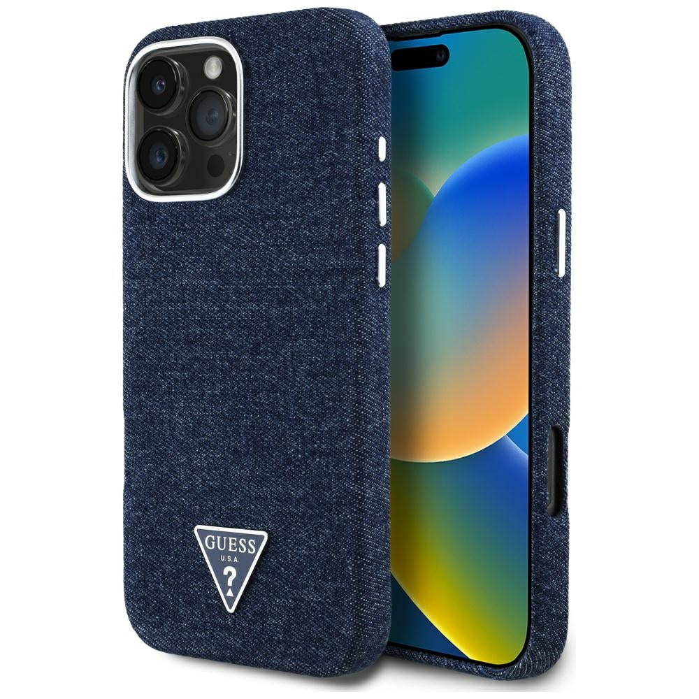 Funda MagSafe para Apple iPhone 16 Pro Max, Guess, Denim Triangle Logo, Azul
