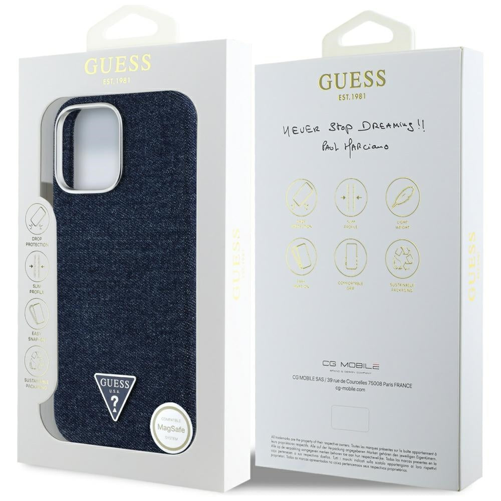 Funda MagSafe para Apple iPhone 16 Pro Max, Guess, Denim Triangle Logo, Azul
