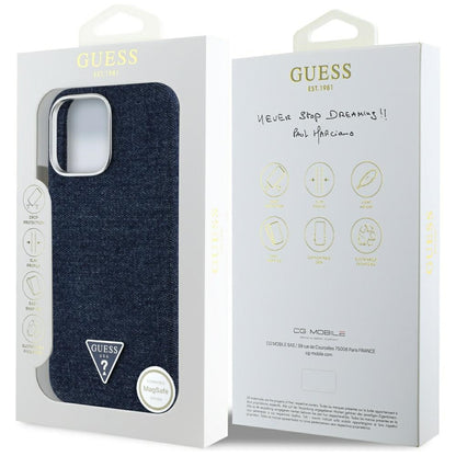 Funda MagSafe para Apple iPhone 16 Pro Max, Guess, Denim Triangle Logo, Azul