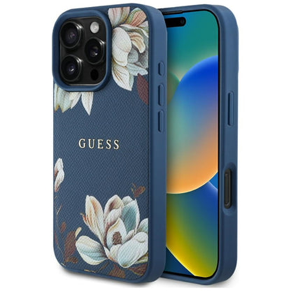 Funda MagSafe para Apple iPhone 16 Pro Max, Guess, Grained Flowers, Azul