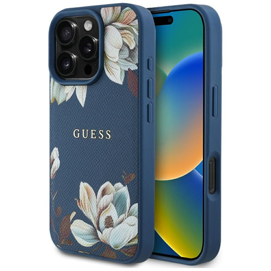 Funda MagSafe para Apple iPhone 16 Pro Max, Guess, Grained Flowers, Azul