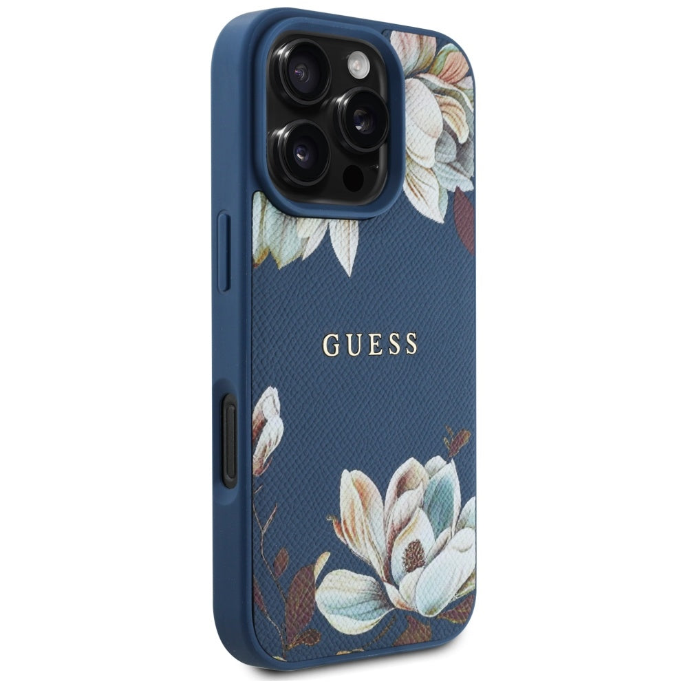 Funda MagSafe para Apple iPhone 16 Pro Max, Guess, Grained Flowers, Azul
