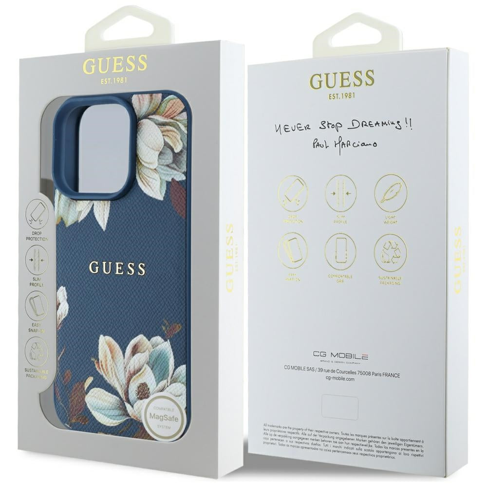 Funda MagSafe para Apple iPhone 16 Pro Max, Guess, Grained Flowers, Azul