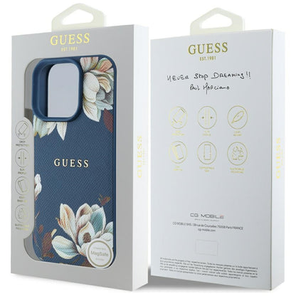 Funda MagSafe para Apple iPhone 16 Pro Max, Guess, Grained Flowers, Azul