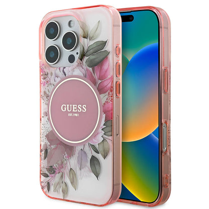 Funda MagSafe para Apple iPhone 16 Pro Max, Guess, IML Flower & Tonal Circle, Rosa