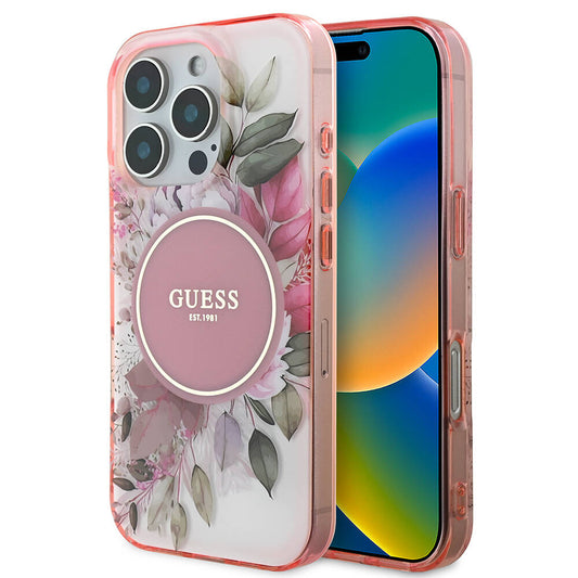 Funda MagSafe para Apple iPhone 16 Pro Max, Guess, IML Flower & Tonal Circle, Rosa