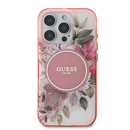 Funda MagSafe para Apple iPhone 16 Pro Max, Guess, IML Flower & Tonal Circle, Rosa