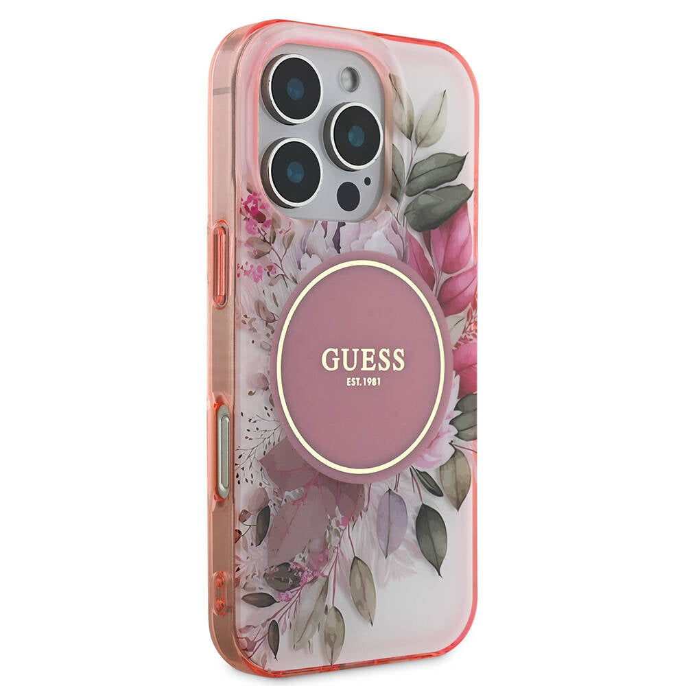 Funda MagSafe para Apple iPhone 16 Pro Max, Guess, IML Flower & Tonal Circle, Rosa