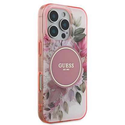 Funda MagSafe para Apple iPhone 16 Pro Max, Guess, IML Flower & Tonal Circle, Rosa