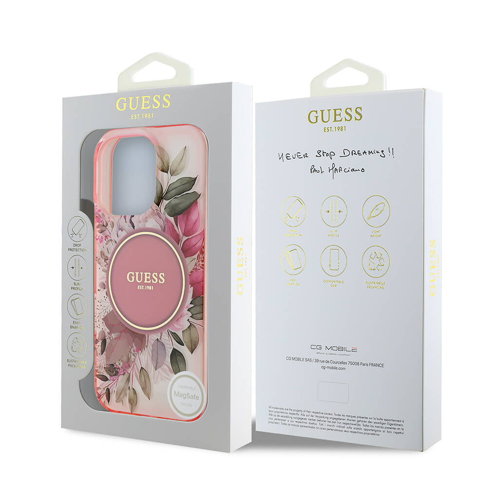 Funda MagSafe para Apple iPhone 16 Pro Max, Guess, IML Flower & Tonal Circle, Rosa