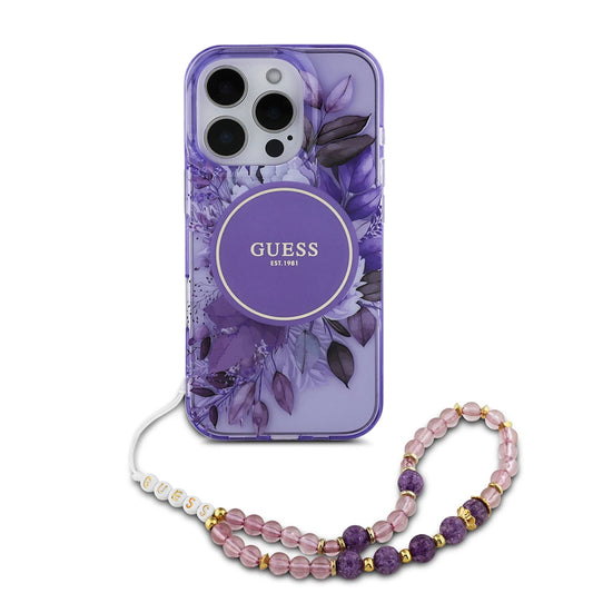 Funda MagSafe para Apple iPhone 16 Pro Max, Guess, IML Flowers with Pearl Strap, Morado