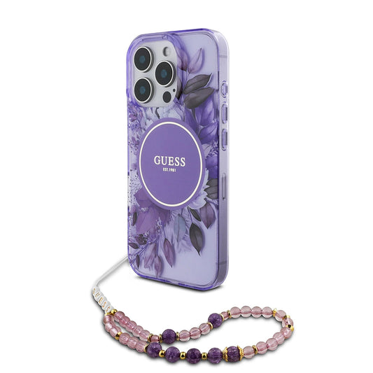 Funda MagSafe para Apple iPhone 16 Pro Max, Guess, IML Flowers with Pearl Strap, Morado