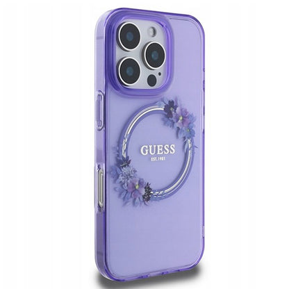 Funda MagSafe para Apple iPhone 16 Pro Max, Guess, IML Flowers Wreath, Morado
