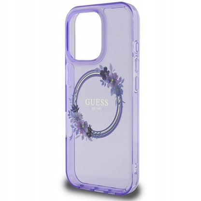 Funda MagSafe para Apple iPhone 16 Pro Max, Guess, IML Flowers Wreath, Morado