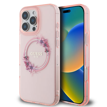 Funda MagSafe para Apple iPhone 16 Pro Max, Guess, IML Flowers Wreath, Rosa