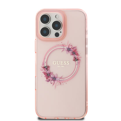 Funda MagSafe para Apple iPhone 16 Pro Max, Guess, IML Flowers Wreath, Rosa