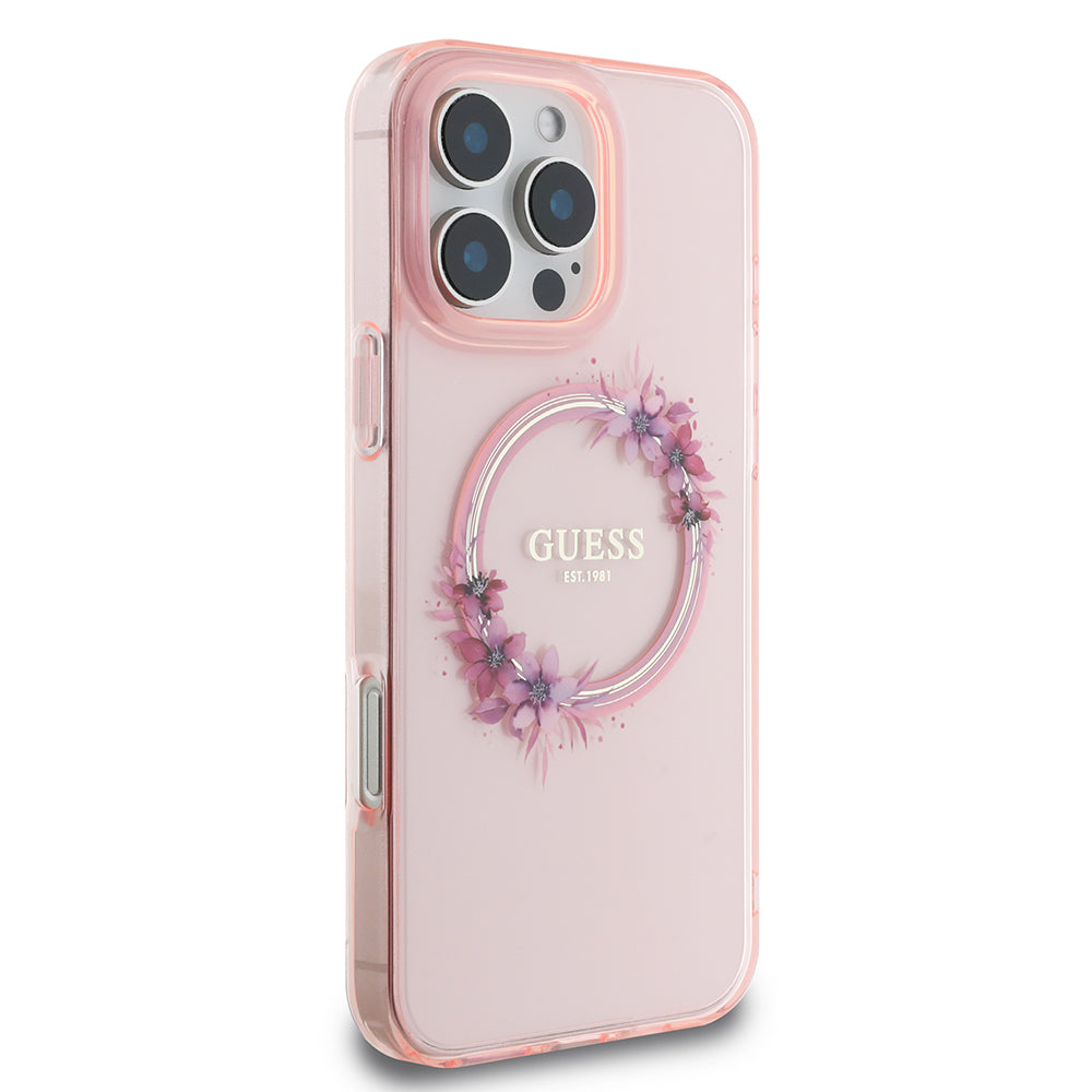 Funda MagSafe para Apple iPhone 16 Pro Max, Guess, IML Flowers Wreath, Rosa