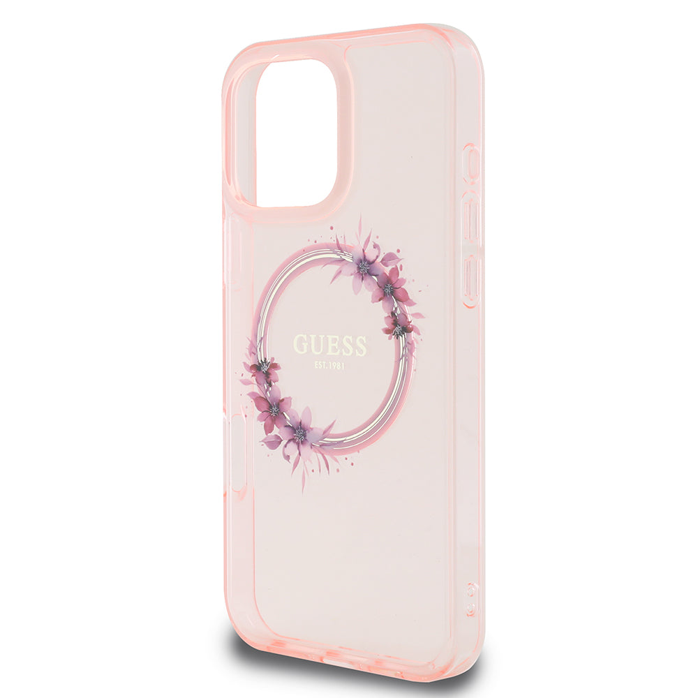 Funda MagSafe para Apple iPhone 16 Pro Max, Guess, IML Flowers Wreath, Rosa
