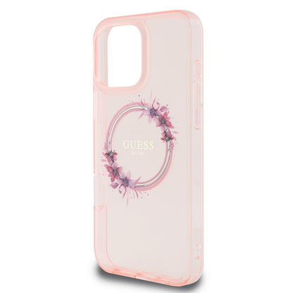 Funda MagSafe para Apple iPhone 16 Pro Max, Guess, IML Flowers Wreath, Rosa