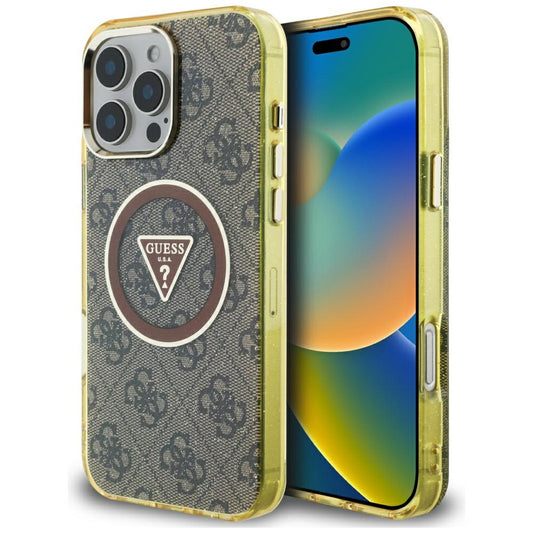 Funda MagSafe para Apple iPhone 16 Pro Max, Guess, IML Glitter 4G Circle Triangle, Marrón