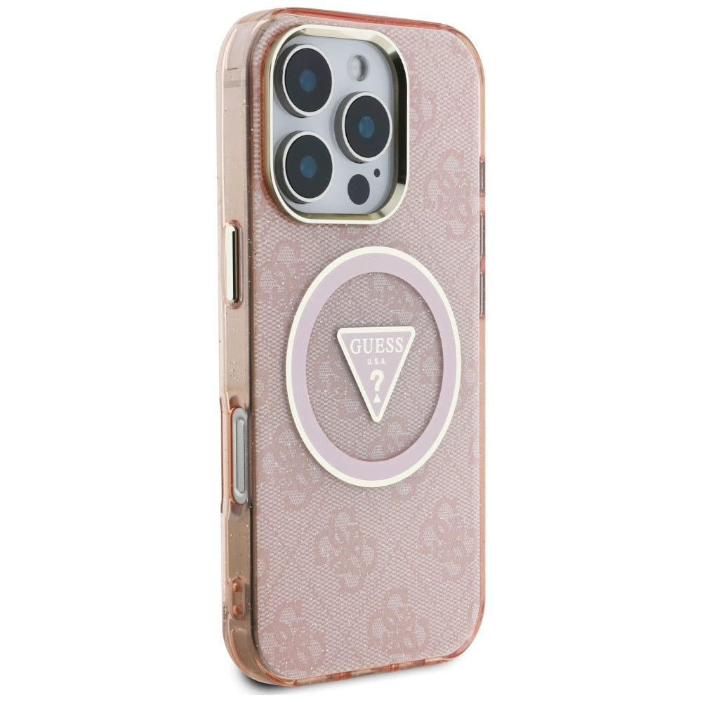 Funda MagSafe para Apple iPhone 16 Pro Max, Guess, IML Glitter 4G Circle Triangle, Rosa.