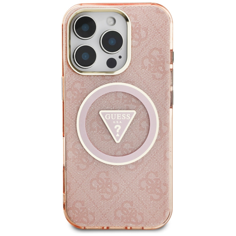 Funda MagSafe para Apple iPhone 16 Pro Max, Guess, IML Glitter 4G Circle Triangle, Rosa.