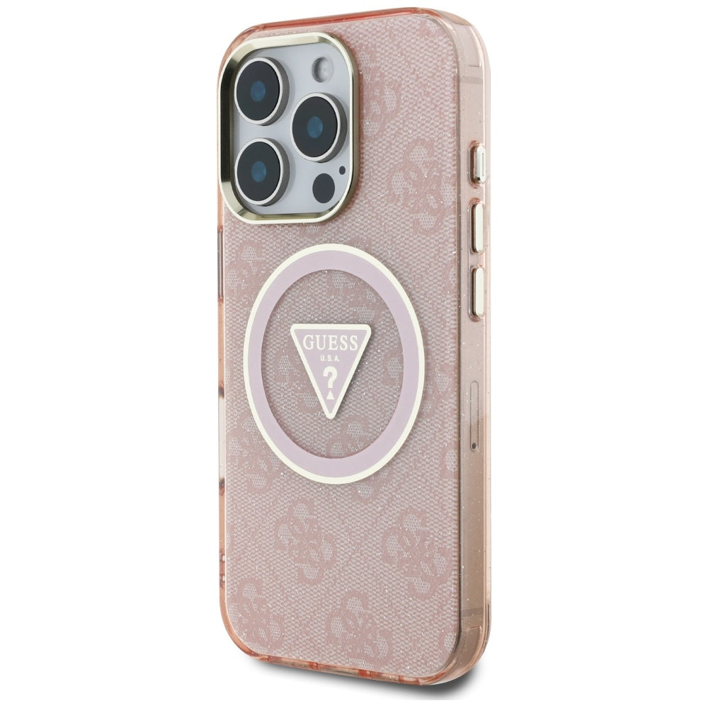 Funda MagSafe para Apple iPhone 16 Pro Max, Guess, IML Glitter 4G Circle Triangle, Rosa.