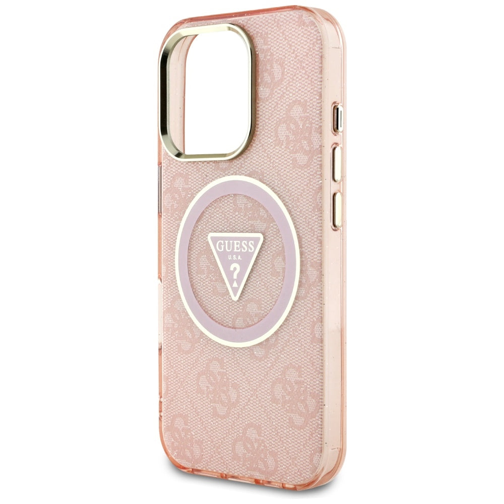 Funda MagSafe para Apple iPhone 16 Pro Max, Guess, IML Glitter 4G Circle Triangle, Rosa.
