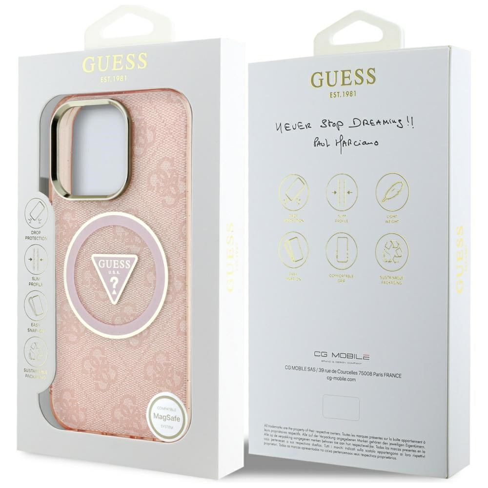 Funda MagSafe para Apple iPhone 16 Pro Max, Guess, IML Glitter 4G Circle Triangle, Rosa.