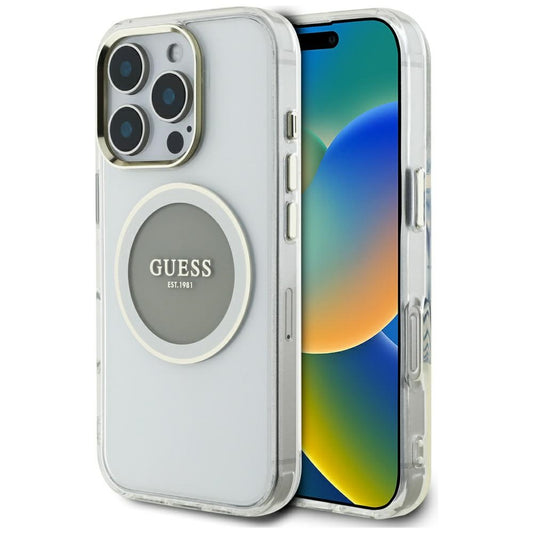 Funda MagSafe para Apple iPhone 16 Pro Max, Guess, IML Metal Colored Circle, Gris