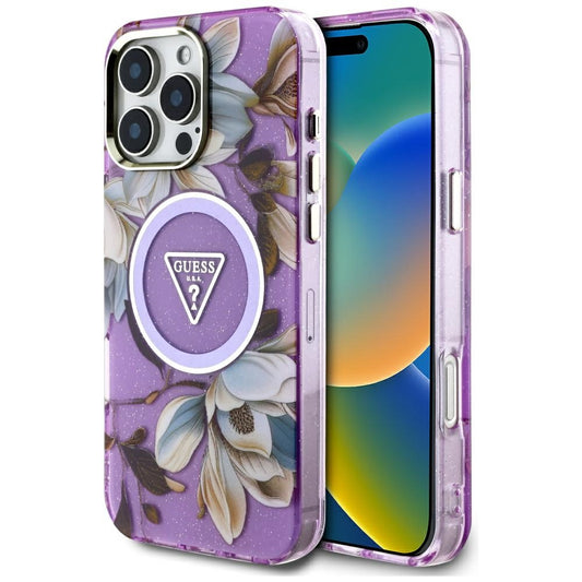 Funda MagSafe para Apple iPhone 16 Pro Max, Guess, IML Metal Glitter Flowers Triangle, Morado