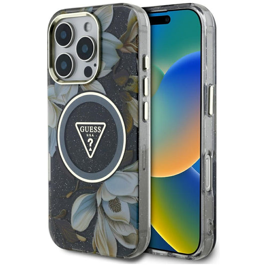 Funda MagSafe para Apple iPhone 16 Pro Max, Guess, IML Metal Glitter Flowers Triangle, Negra