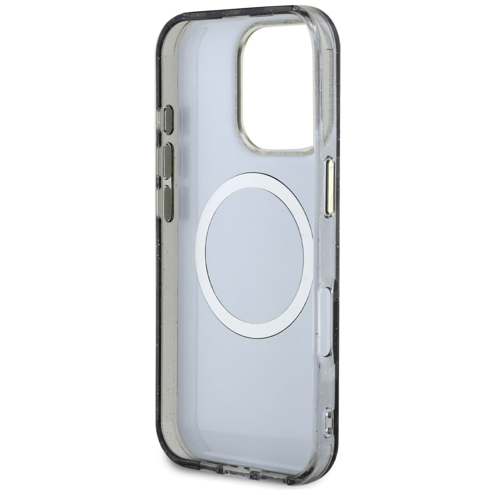 MagSafe Case for Apple iPhone 16 Pro Max, Guess, IML Metal Glitter Flowers Triangle, Black