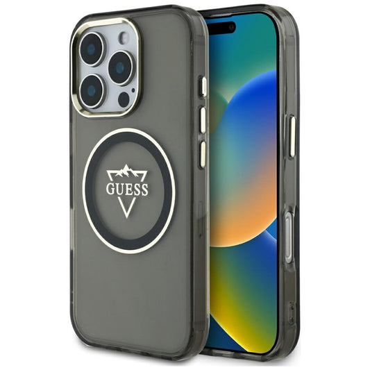 Funda MagSafe para Apple iPhone 16 Pro Max, Guess, IML Metal Mountain Logo, Negra