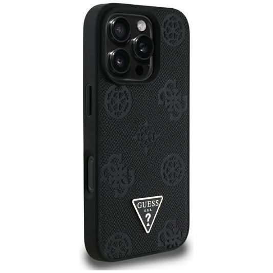 Funda MagSafe para Apple iPhone 16 Pro Max, Guess, Peony Grained Hot Stamp Triangle, Negra