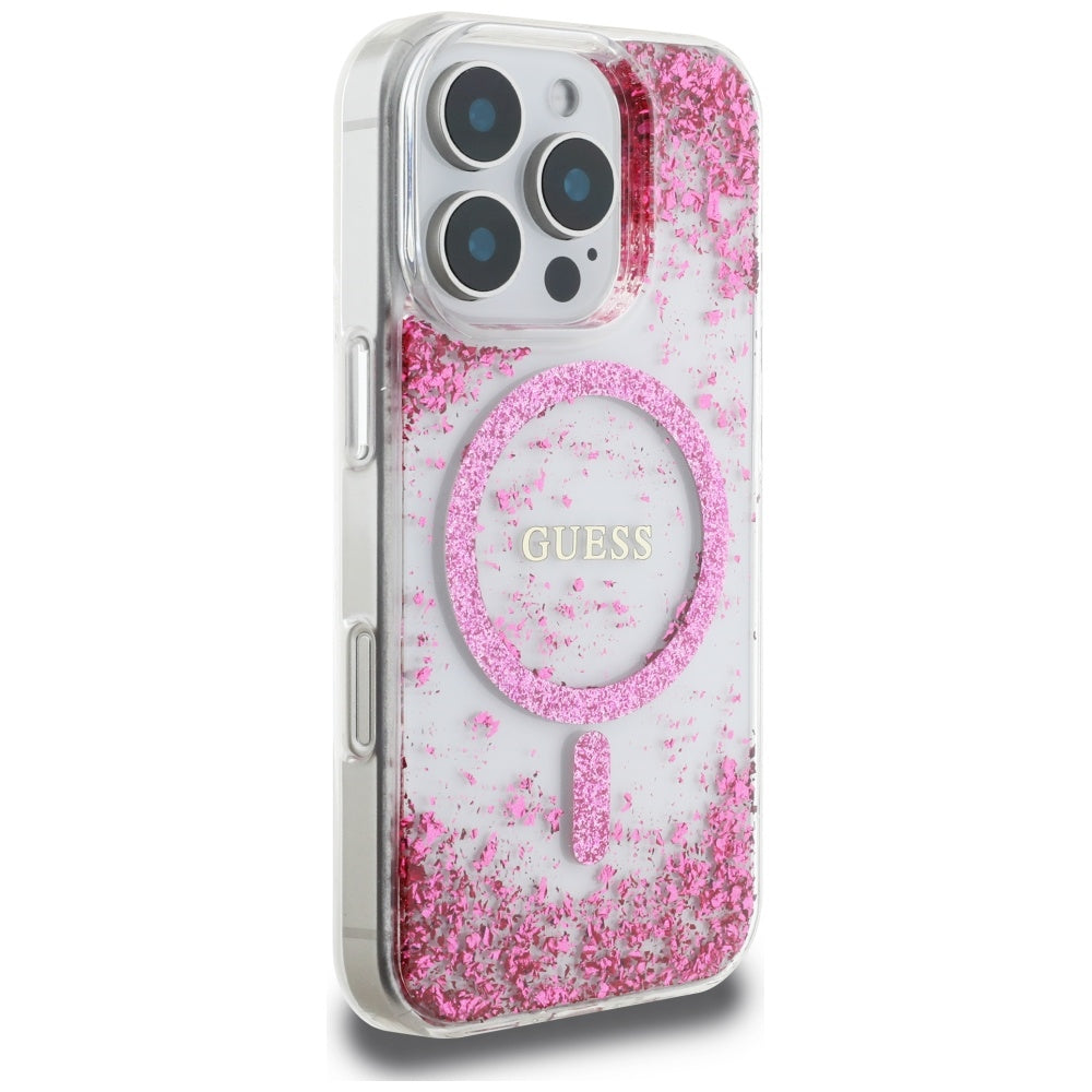 Funda MagSafe para Apple iPhone 16 Pro Max, Guess, Resin Bottom Glitter, Rosa