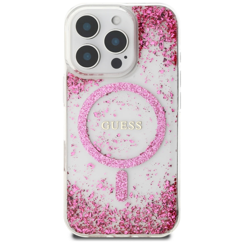 Funda MagSafe para Apple iPhone 16 Pro Max, Guess, Resin Bottom Glitter, Rosa
