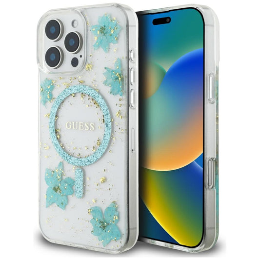 Funda MagSafe para Apple iPhone 16 Pro Max, Guess, Flores de Resina y Purpurina, Turquesa