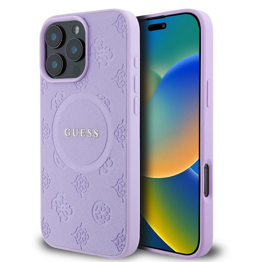 Funda MagSafe para Apple iPhone 16 Pro Max, Guess, Saffiano Peony Classic Logo, Morado
