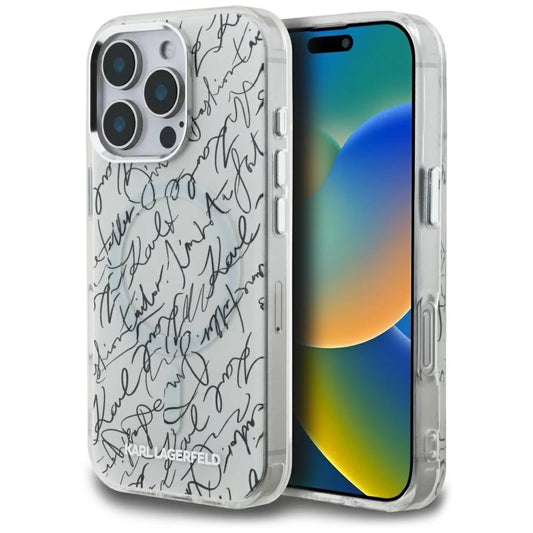 Funda MagSafe para Apple iPhone 16 Pro Max, Karl Lagerfeld, IML Karl Script Pattern, Blanca.