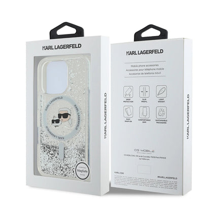 Funda MagSafe para Apple iPhone 16 Pro Max, Karl Lagerfeld, Liquid Glitter Karl & Choupette's Heads, Transparente