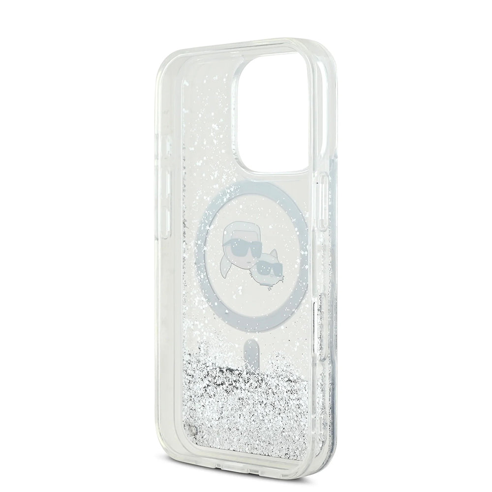 Funda MagSafe para Apple iPhone 16 Pro Max, Karl Lagerfeld, Liquid Glitter Karl & Choupette's Heads, Transparente