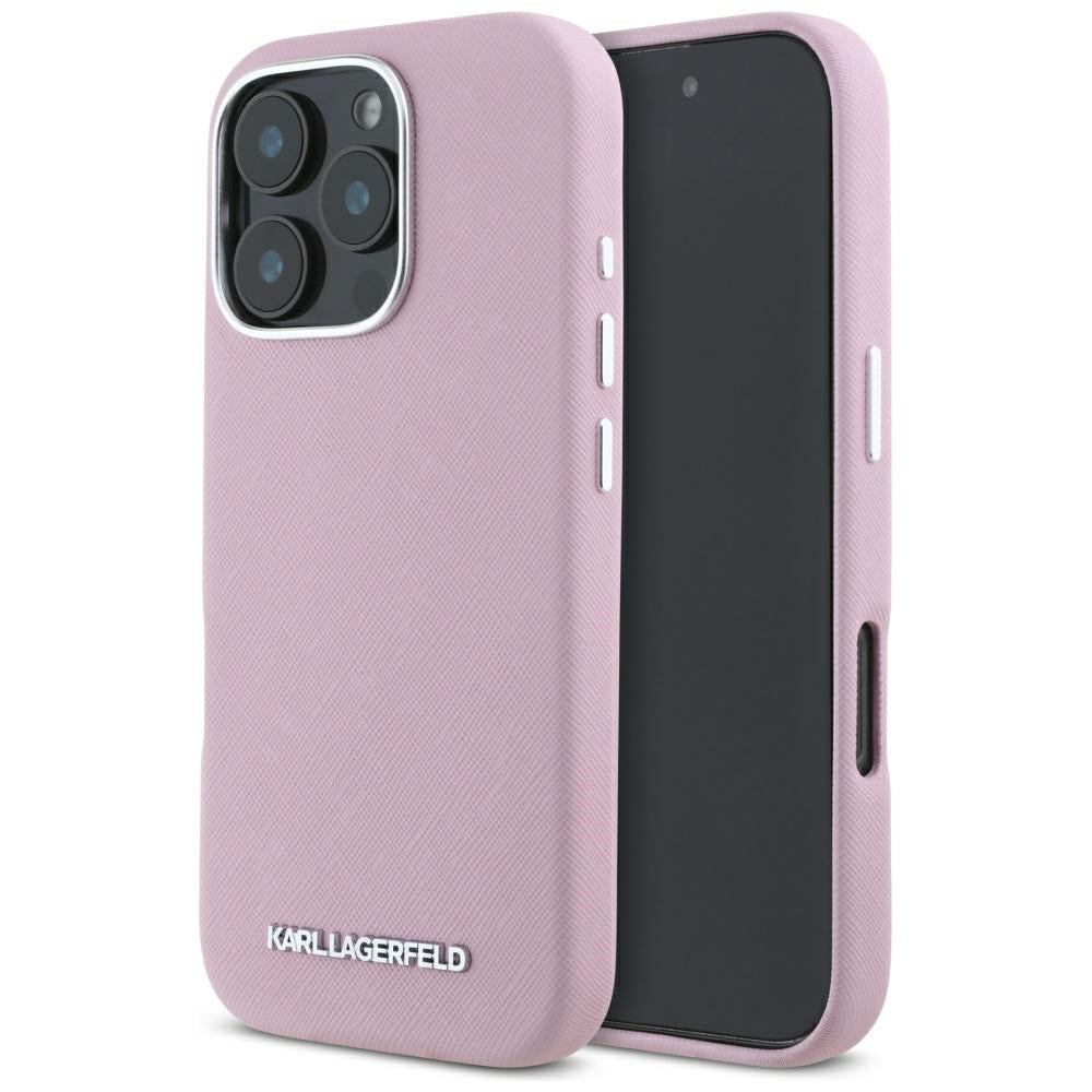 Funda MagSafe para Apple iPhone 16 Pro Max, Karl Lagerfeld, Saffiano Full Wrapped Elongated Metal Logo, Rosa.
