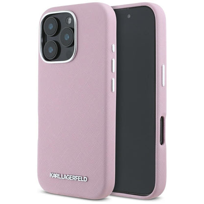 Funda MagSafe para Apple iPhone 16 Pro Max, Karl Lagerfeld, Saffiano Full Wrapped Elongated Metal Logo, Rosa.