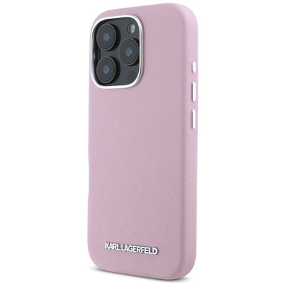 Funda MagSafe para Apple iPhone 16 Pro Max, Karl Lagerfeld, Saffiano Full Wrapped Elongated Metal Logo, Rosa.