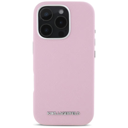 Funda MagSafe para Apple iPhone 16 Pro Max, Karl Lagerfeld, Saffiano Full Wrapped Elongated Metal Logo, Rosa.