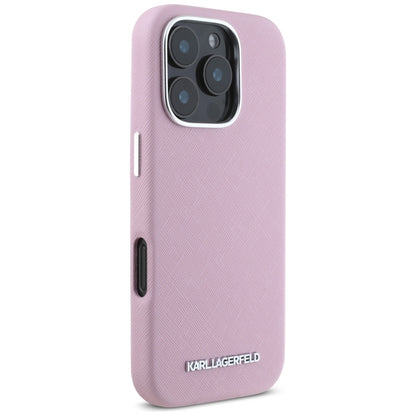 Funda MagSafe para Apple iPhone 16 Pro Max, Karl Lagerfeld, Saffiano Full Wrapped Elongated Metal Logo, Rosa.