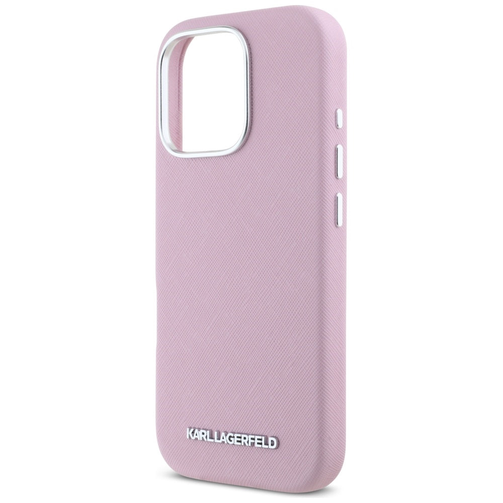 Funda MagSafe para Apple iPhone 16 Pro Max, Karl Lagerfeld, Saffiano Full Wrapped Elongated Metal Logo, Rosa.
